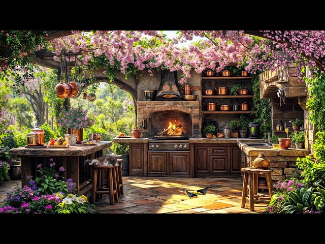 Cozy Outdoor Kitchen with Fireplace & Spring Blossoms | Relaxing Garden Ambience for Stress Relief