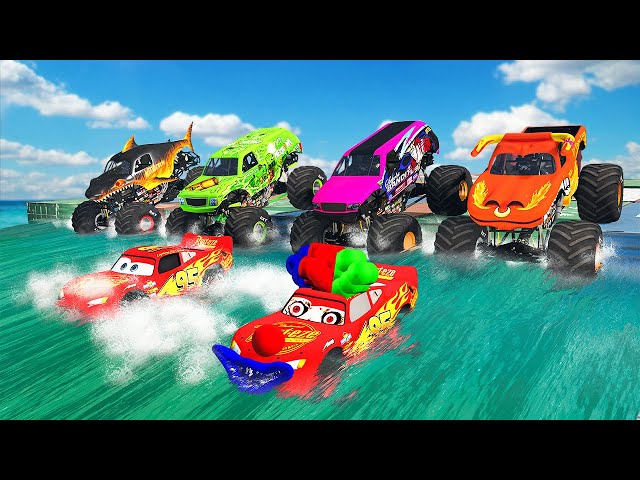 Hero Lightning Mcqueen AND ZOMBIE CLOWN MCQUEEN vs Angry 4 color monster truck FIGHT