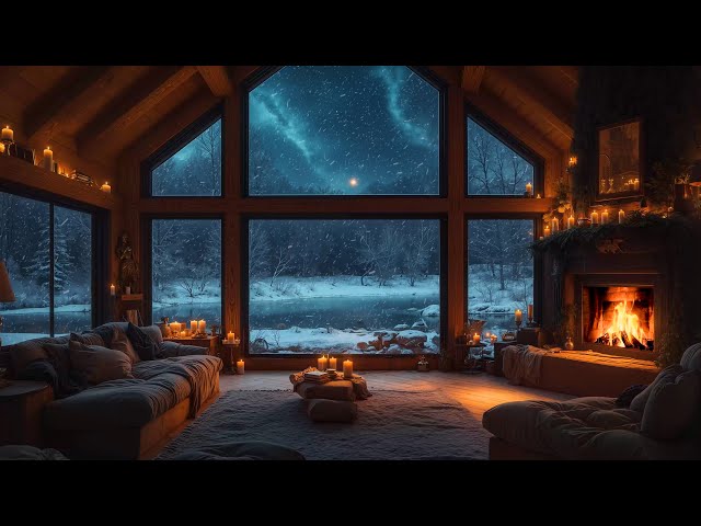 Cozy Winter Night Ambience with Relaxing Jazz Instrumental Music ❄️ Warm Fireplace Burning, Snowfall