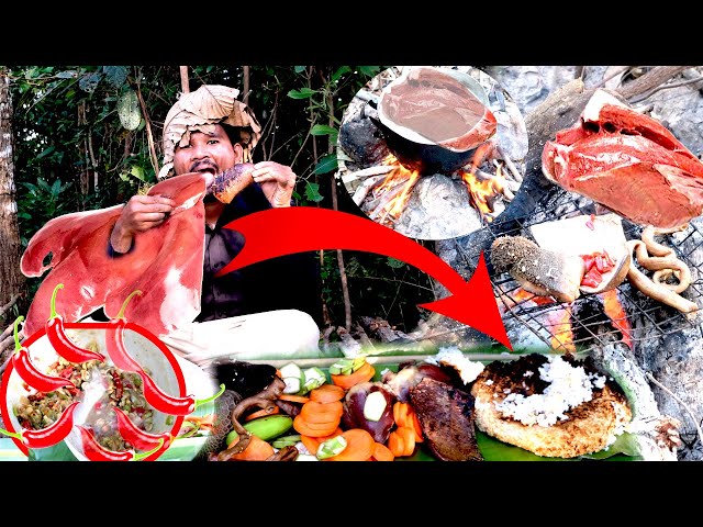 Primitive Technology, How I cooked the Raw Stinky Beef Belly Very Delicious?