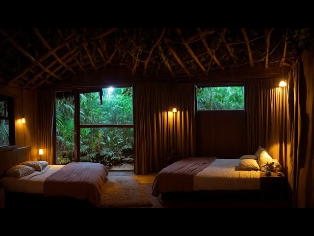 Fast sleep at forest house cozy bedroom ambience with rain and thunder.