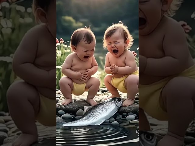 " Two sussi brothers scared 😱 from fish "#snaiptiq #littlebaby #body #children #vegetable #cutebaby