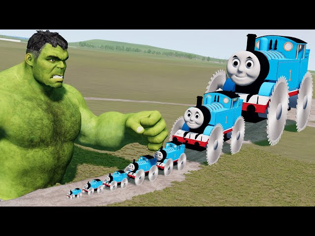 Big & Small Thomas the Tank Engine with Saw Wheels vs Hulk | BeamNG.Drive