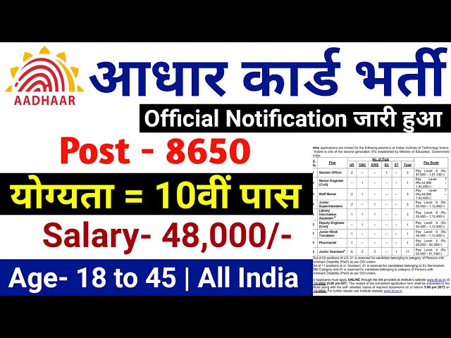 Aadhar Card Recruitment 2025 | Aadhar Card New Vacancy 2025 | UIDAI Bharti 2025 | Govt Jobs Feb 2025