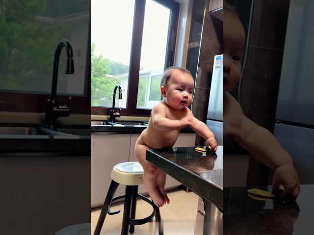 baby washing dishes