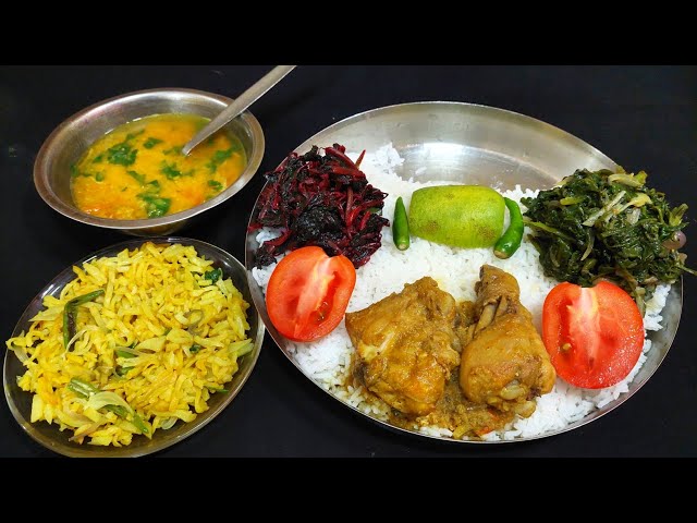 🐓 chicken curry dal bunah potato fry red shakh - Spinach and rice today i eat | bengali eating