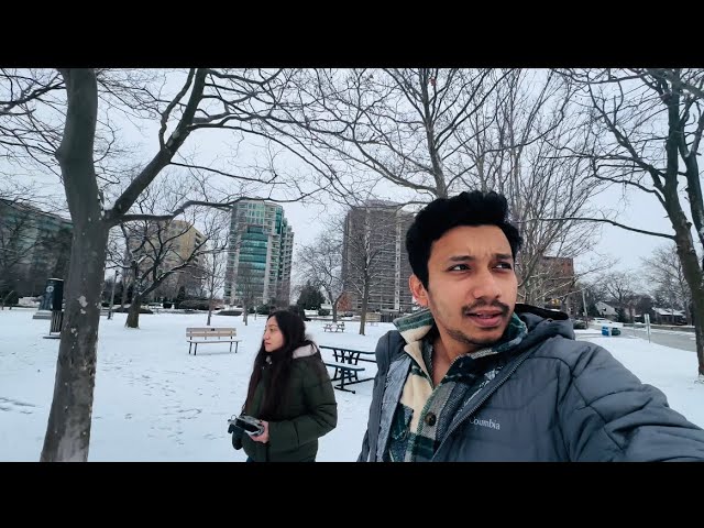 DJI Drone Over Canada-USA Border | Shovelling Snow in Canada | Hindi Couple Vlog