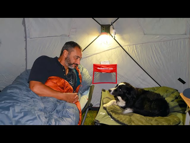 Camping In Ice Fishing Tent In Rain Storm