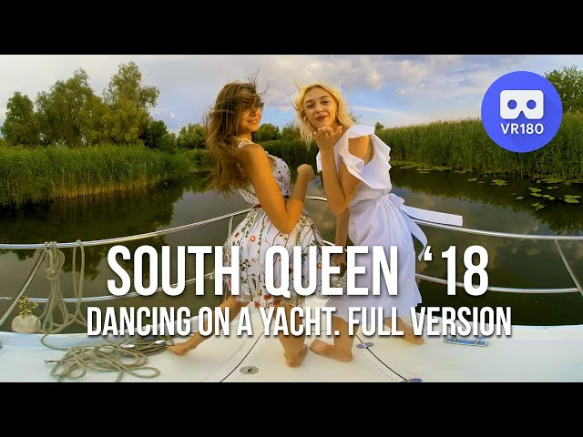 VR180 3D. Girls from the beauty pageant South Queen are sailing on a yacht on the Dnipro River