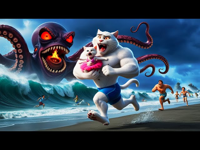 Dad Cat vs. The Giant Octopus! | Kitten's Beach Adventure Gone Wrong 🐾🌊 #cat #catstory #cute