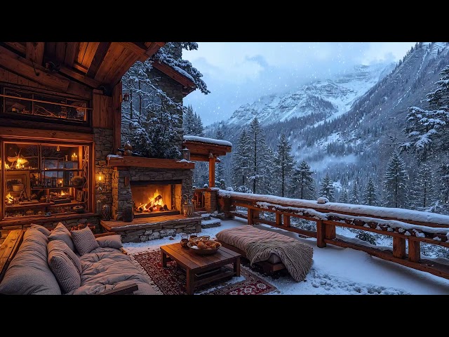 Cozy Winter Porch Ambience with Smooth Jazz Instrumental Music ⛄ Snowfall Day & Fireplace Sounds 🔥