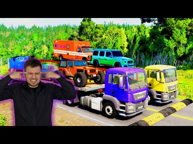 Flatbed Trailer Truck Potholes Transport Car Portal Trap Rescue - Cars vs Speed Bumps - BeamNG.drive