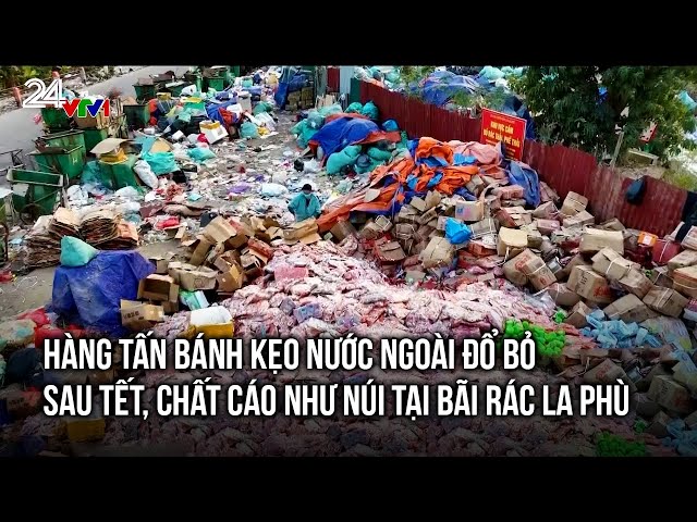 Hàng tấn bánh kẹo nước ngoài đổ bỏ sau Tết, chất cáo như núi tại bãi rác La Phù | VTV24