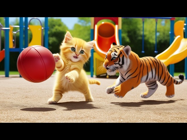 The kitten and the little tiger became friends and played ball together on the playground 😻