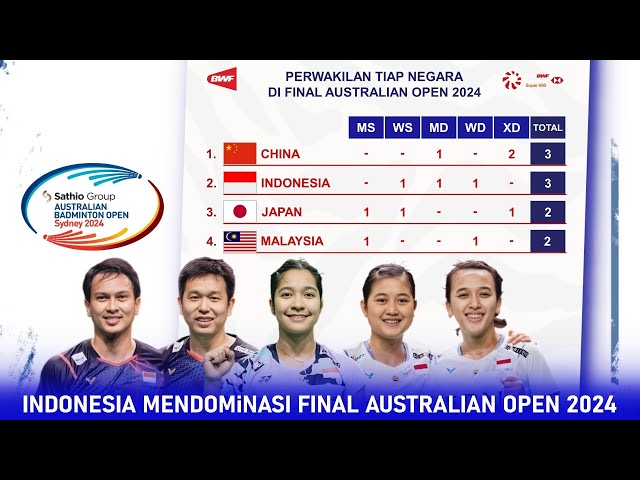 INDONESIA MENDOMINASI FINAL AUSTRALIAN OPEN 2024. Jumlah Perwakilan Tiap Negara Di Final