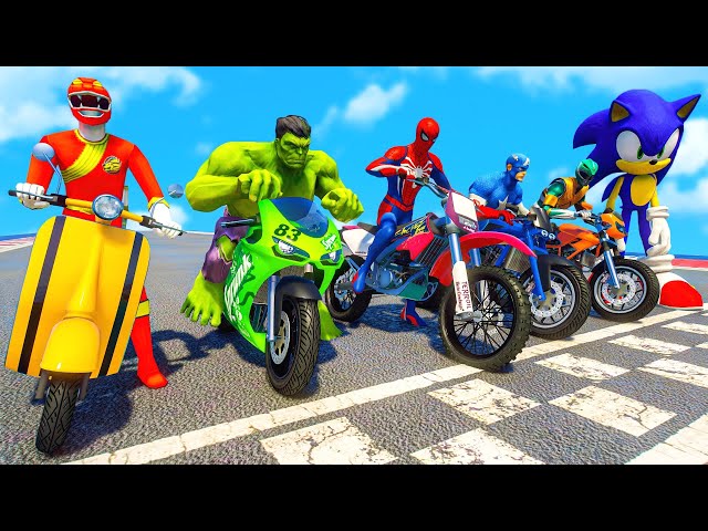 SPIDERMAN & POWER RANGERS w/ ALL SUPERHEROES Racing Motorcycles Event Day Competition Challenge #111