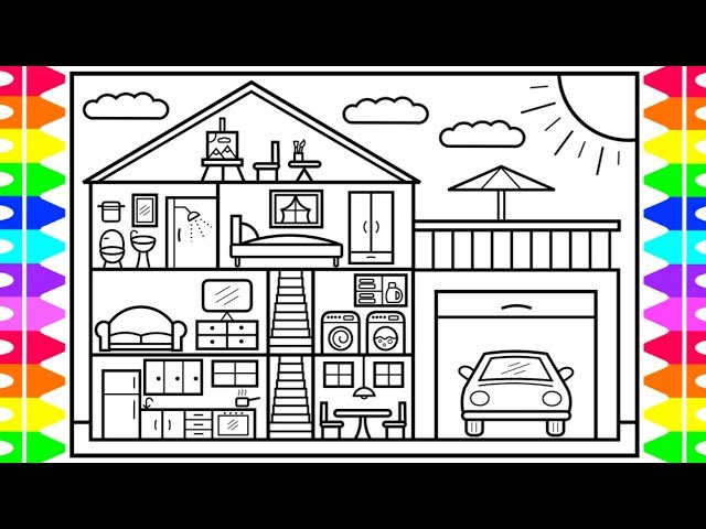 How to Draw a House Step by Step 🏡🚗House Drawing Design | House Coloring Pages for Kids