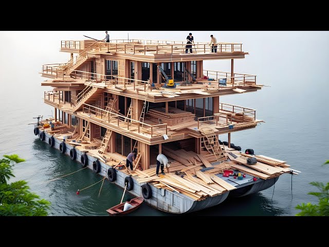 Challenge to Build A Huge Bamboo Boat On The Lake Alone！Very luxurious！