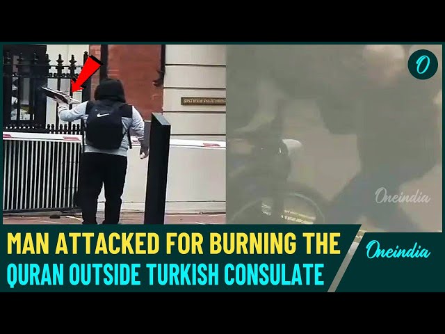 Shocking Video | Man Burning Quran Outside Turkish Consulate In London Attacked By Knife