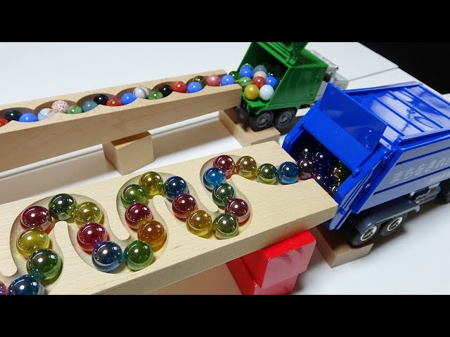 Marble Run ASMR Race ☆ HABA Slope & Retro Truck Excavator Ambulance Forklift Garbage Truck - Part 27