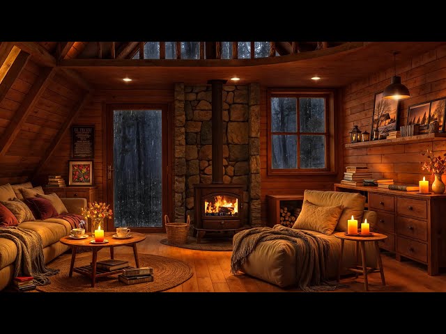 Cozy Cabin Ambience with Warm Jazz, Crackling Fireplace & Gentle Rain Sound for Relaxing Rainy Day