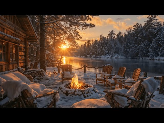 Cozy Riverside Ambience with Campfire | Nature Sounds, Winter Cabin, For help to Relaxing & Study