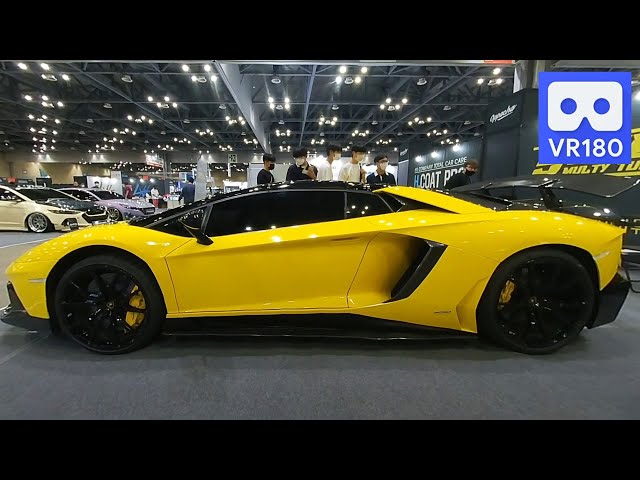 Yellow Lamborghini Aventador a super sport car with cutting-edge technology in Auto Show 3D 180VR 4K