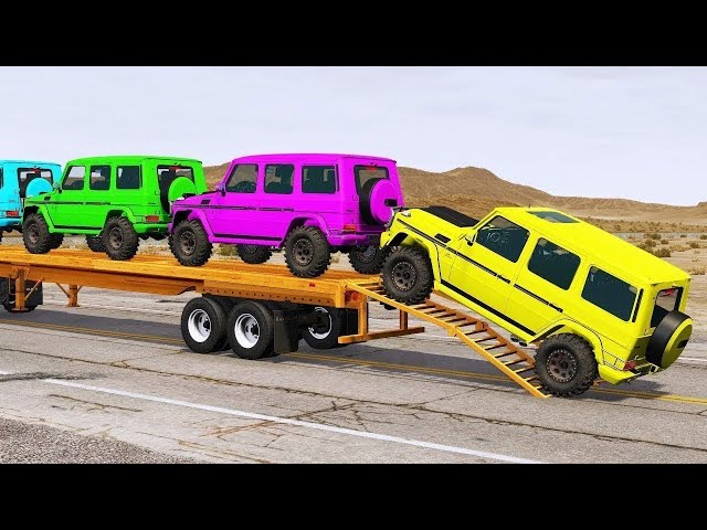 Double Flatbed Trailer Truck vs Speedbumps Train vs Cars | Tractor vs Train Beamng.Drive