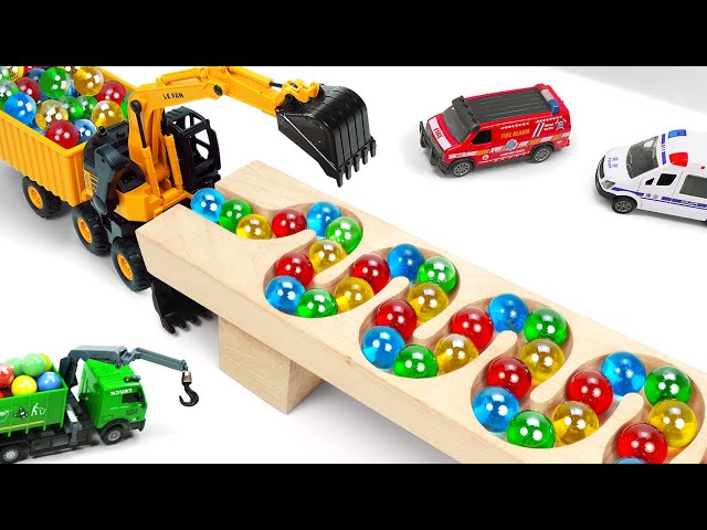 Marble Run ASMR Race ☆ HABA Slope & Dump Truck Excavator Ambulance Forklift Garbage Truck Tractors