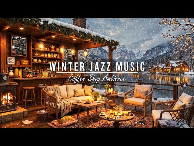 Cozy Winter Coffee Shop Ambience ⛄ Relaxing Jazz Instrumental Music & Crackling Fireplace for Work