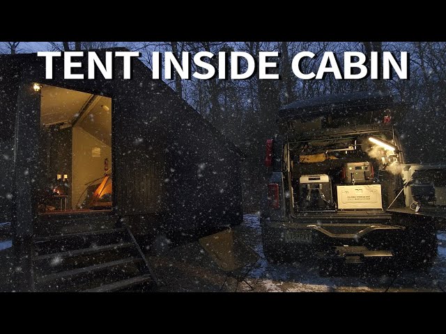 Surviving a Winter Night in a Tiny Off-Grid Cabin during a Snowstorm | Cozy Relaxing Winter Camping