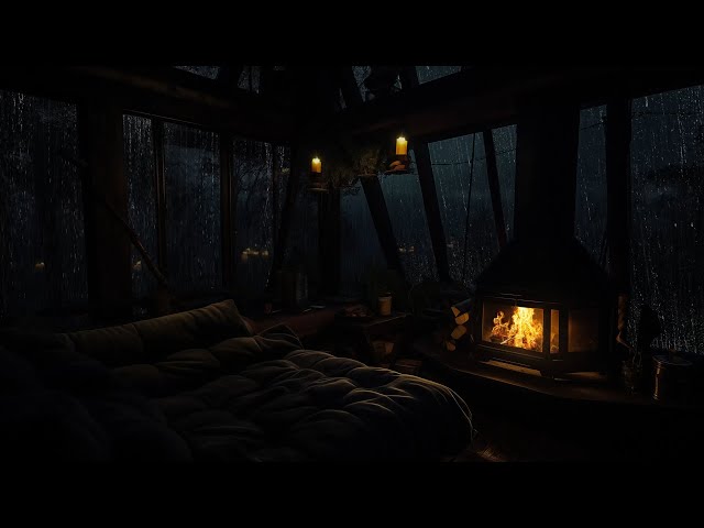 Relaxing Rain Sounds in a Wooden Cabin | Crackling Fire at Night for Stress Relief