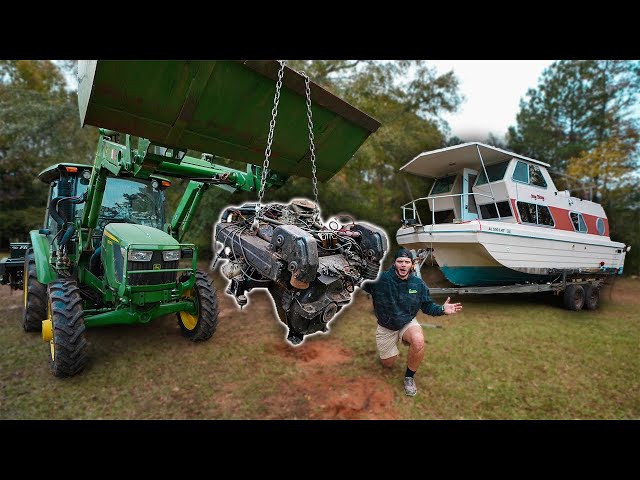 I REMOVED The 500 lb MOTOR Out Of My HOUSEBOAT!! (restoration project)