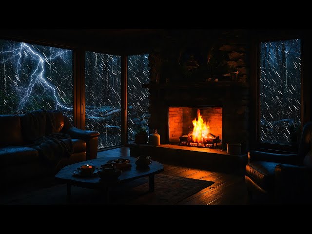 Rain Sounds for Sleeping | Fireplace Ambience in a Cozy Cabin for Insomnia Relief