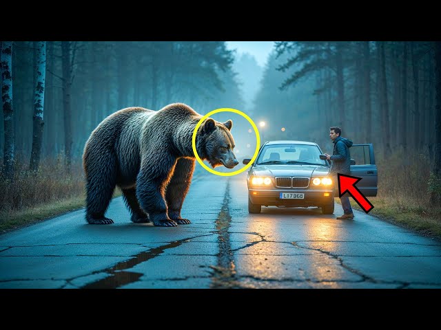 A BEAR BLOCKS A CAR IN THE MIDDLE OF THE ROAD—WHEN THE DRIVER STEPS OUT, HE CAN’T BELIEVE HIS EYES