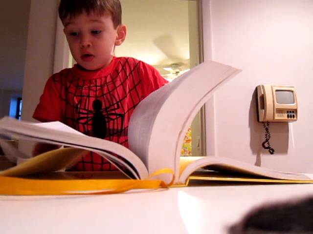 Cute kid makes up creative story while pretending to read