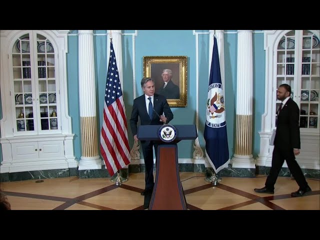 US Secretary of State Blinken delivers remarks to press from briefing room at Department of State