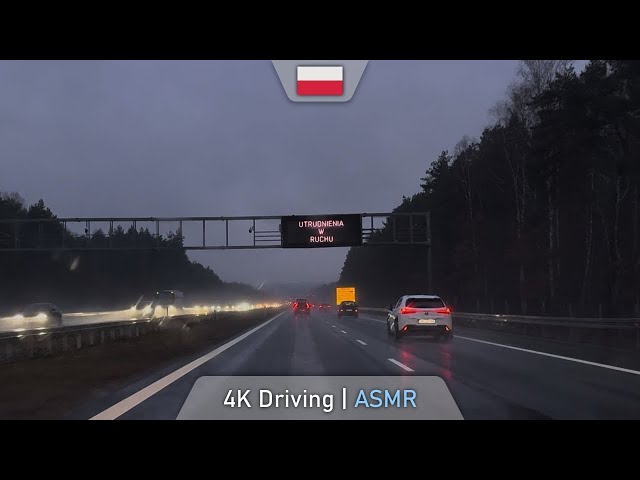 Driving in the rain. Cracow-Jaworzno via A4 Highway. Wind noise, average visibility. 4K 60FPS ASMR.