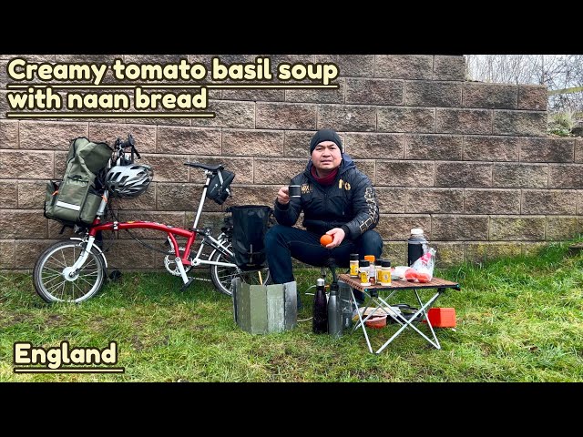 Brompton bike ride followed by cooking outdoors, creamy tomato basil soup with naan bread