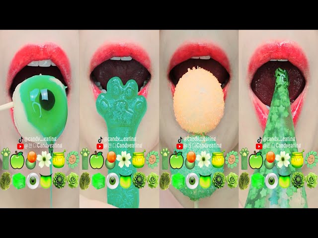 ASMR GREEN EMOJI FOOD ice sea grape sprinkle honey jelly kohakuto popping candy jelly mukbang