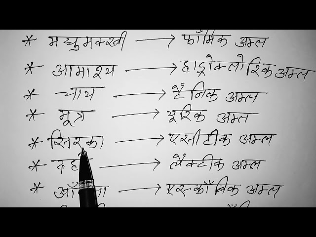 विभिन्न पदार्थों में पाए जाने वाले अम्लों के नाम?  अमल प्राप्ति के स्रोत कौन-कौन से हैं?