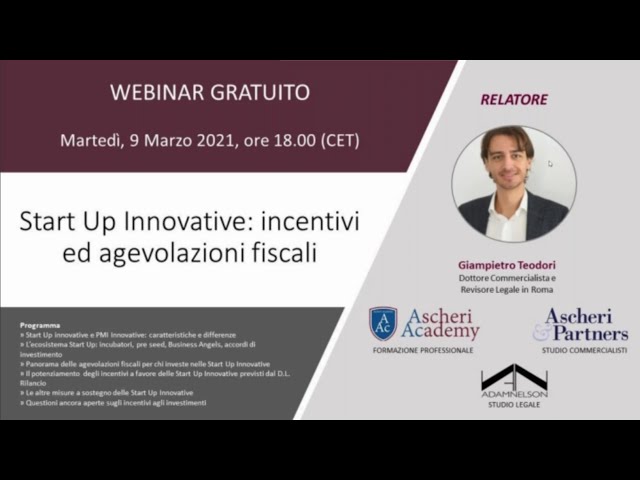 Webinar: Startup innovative - Incentivi ed agevolazioni fiscali