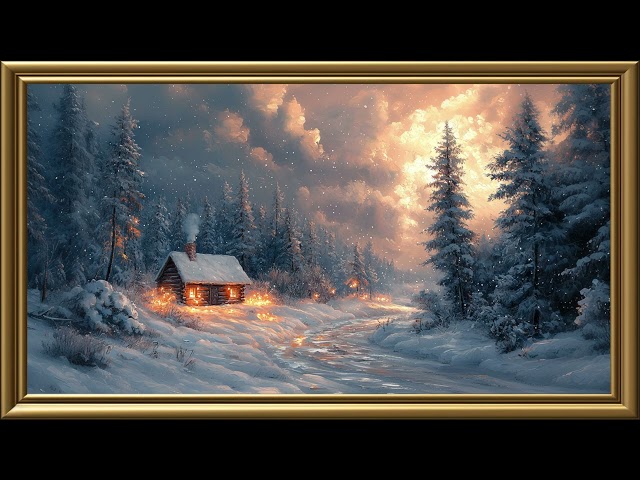 Vintage Cozy Winter Cabin Painting | Gold Frame TV Art | Art Screensaver for TV 2 Hrs