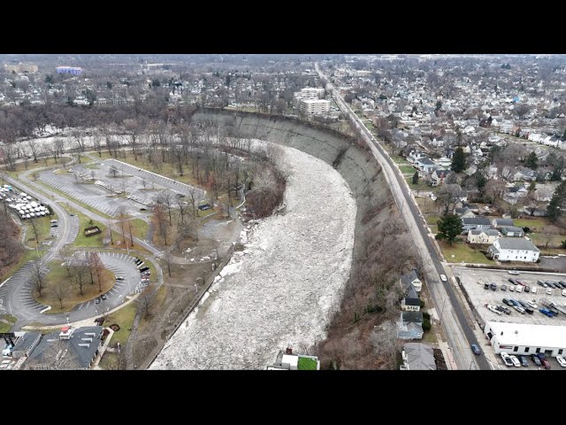 Drone Footage Of Big Ice Jam Blocking Rocky River