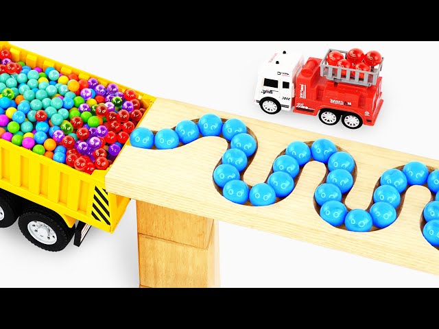 Marble Run ASMR Race ☆ HABA Slope & Dump Truck Excavator Ambulance Forklift Garbage Truck Tractors12