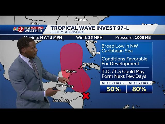 Invest 97-L continues to strengthen over the Caribbean Sea, headed toward Gulf of Mexico, NHC says