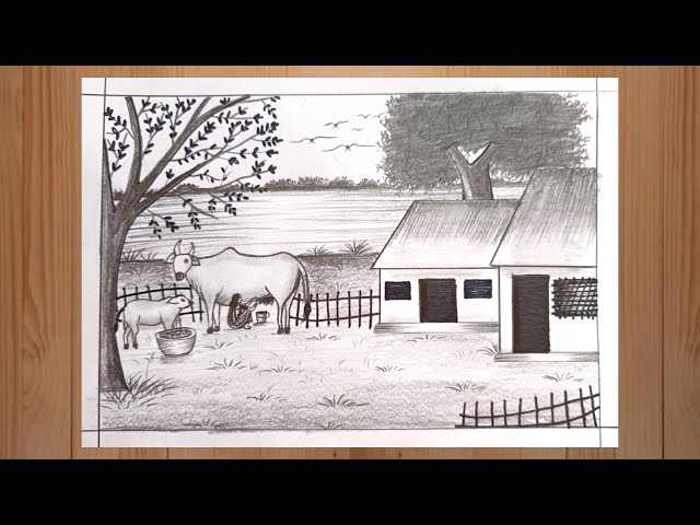 How to Draw Easy Scenery Drawing with Pencil Sketch | Nature Drawing for beginners | Village Drawing