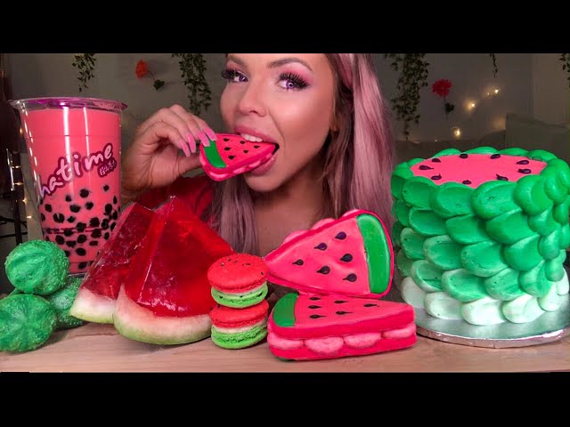 ASMR WATERMELON CAKE, BUBBLE TEA, CAKE POP, MACARON, SANDWICH COOKIE, JELLO SLICE MUKBANG 먹방