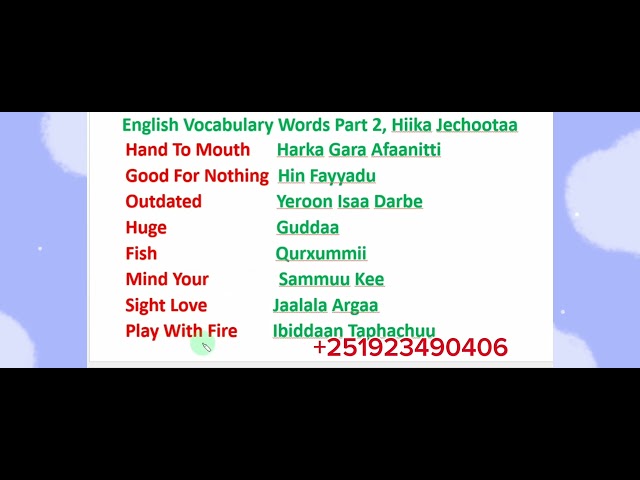 Afaan Oromoo English Vocabulary Words Part 2, Hiika Jechootaa #study Afaan Oromoo#Amharic English