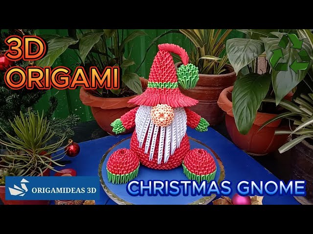 Origamideas 3D "Christmas Gnome" in 3D Origami with reusable paper | Gnomo Navideño